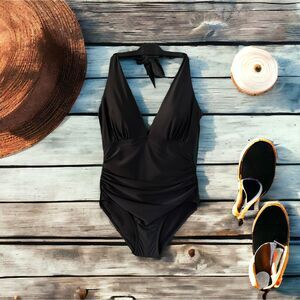 DKNY Tummy Control SPF Swimsuit Halter Shirred Maillot One Piece Black L NWT